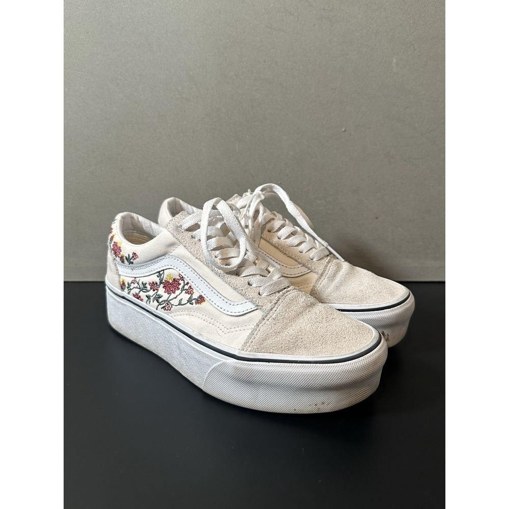 Vans Cream White Floral Platform Old Skool Sneakers